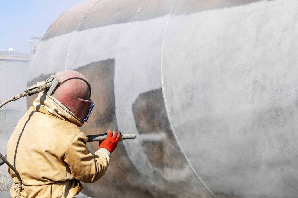 Outdoor abrasive blasting of tank
