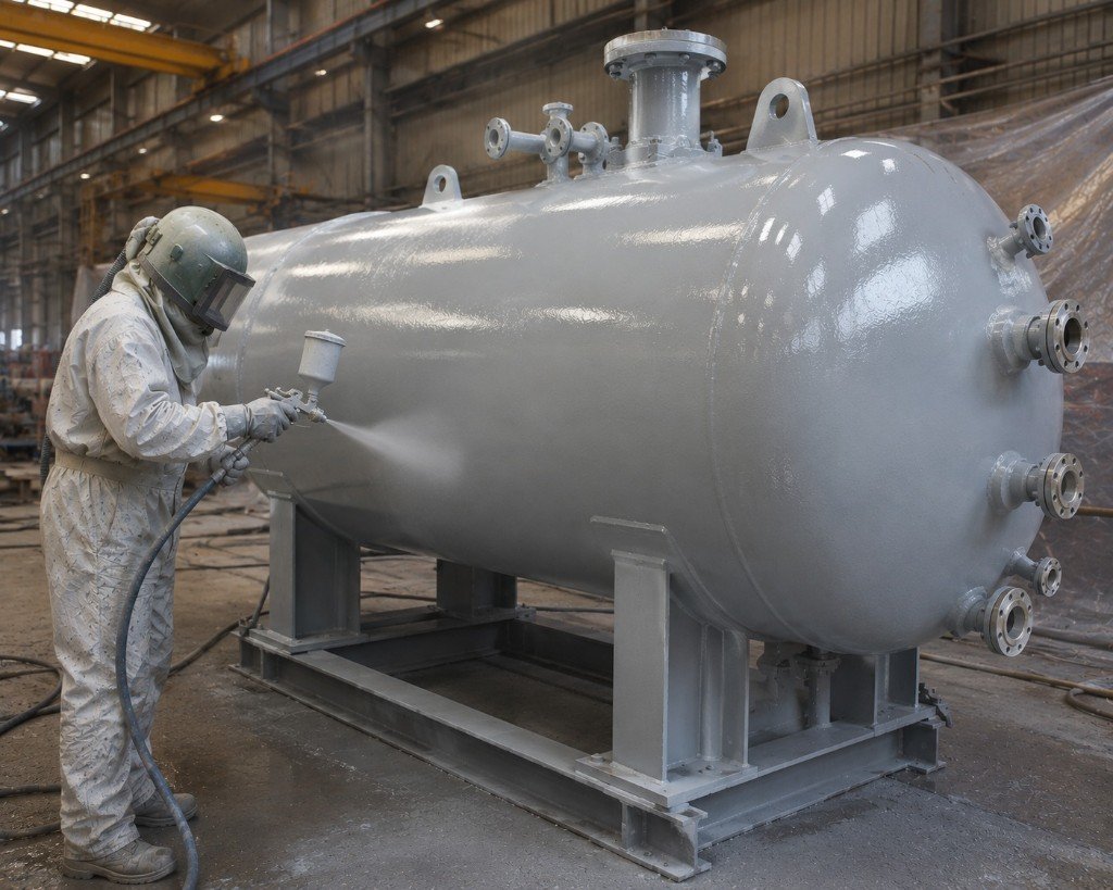 Shop spray coating of tank