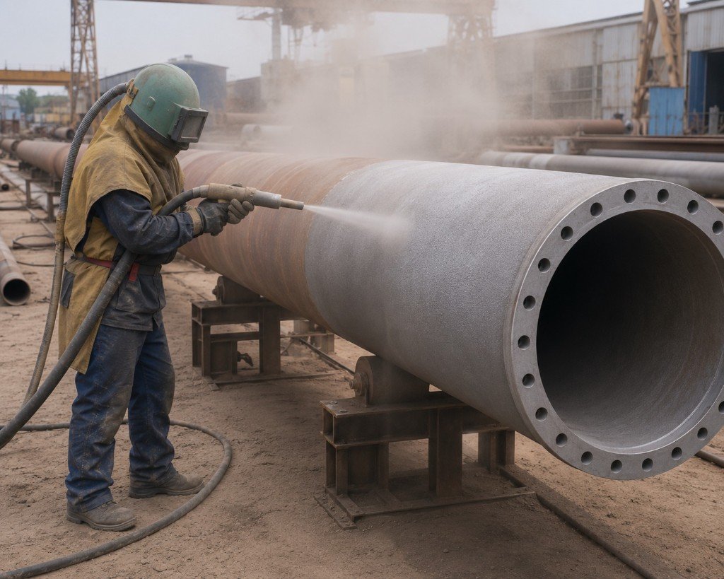Abrasive blasting of large pipe