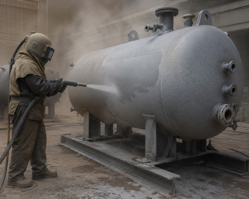 Abrasive blasting of industrial tank