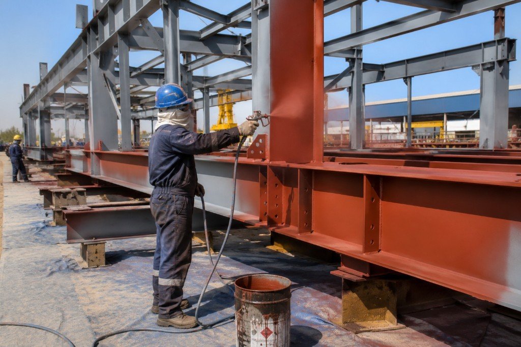 Structural steel spray coating on site